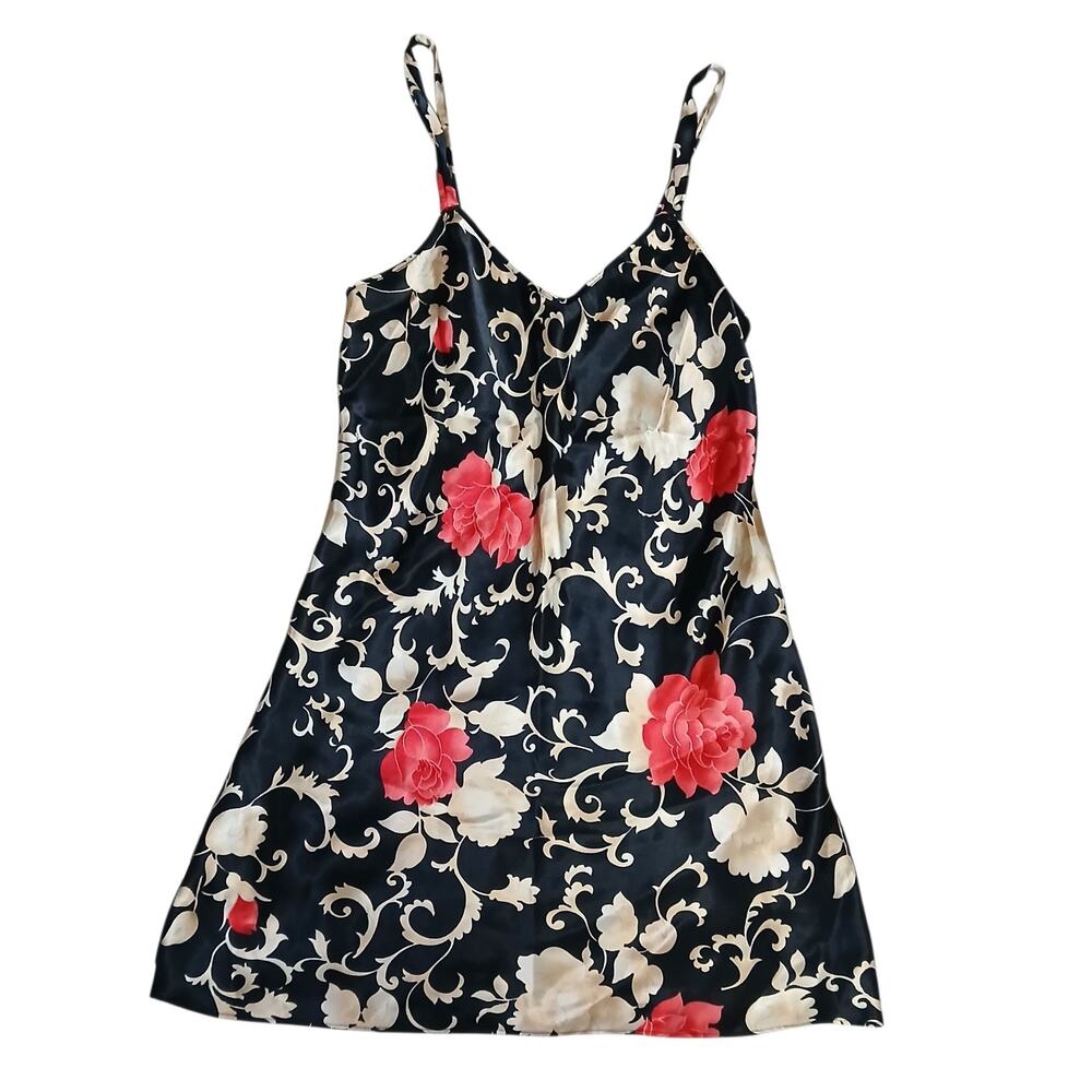 Vtg Inner Most Women’s Slip Dress Medium Black Floral Satin Coquette Y2K‎